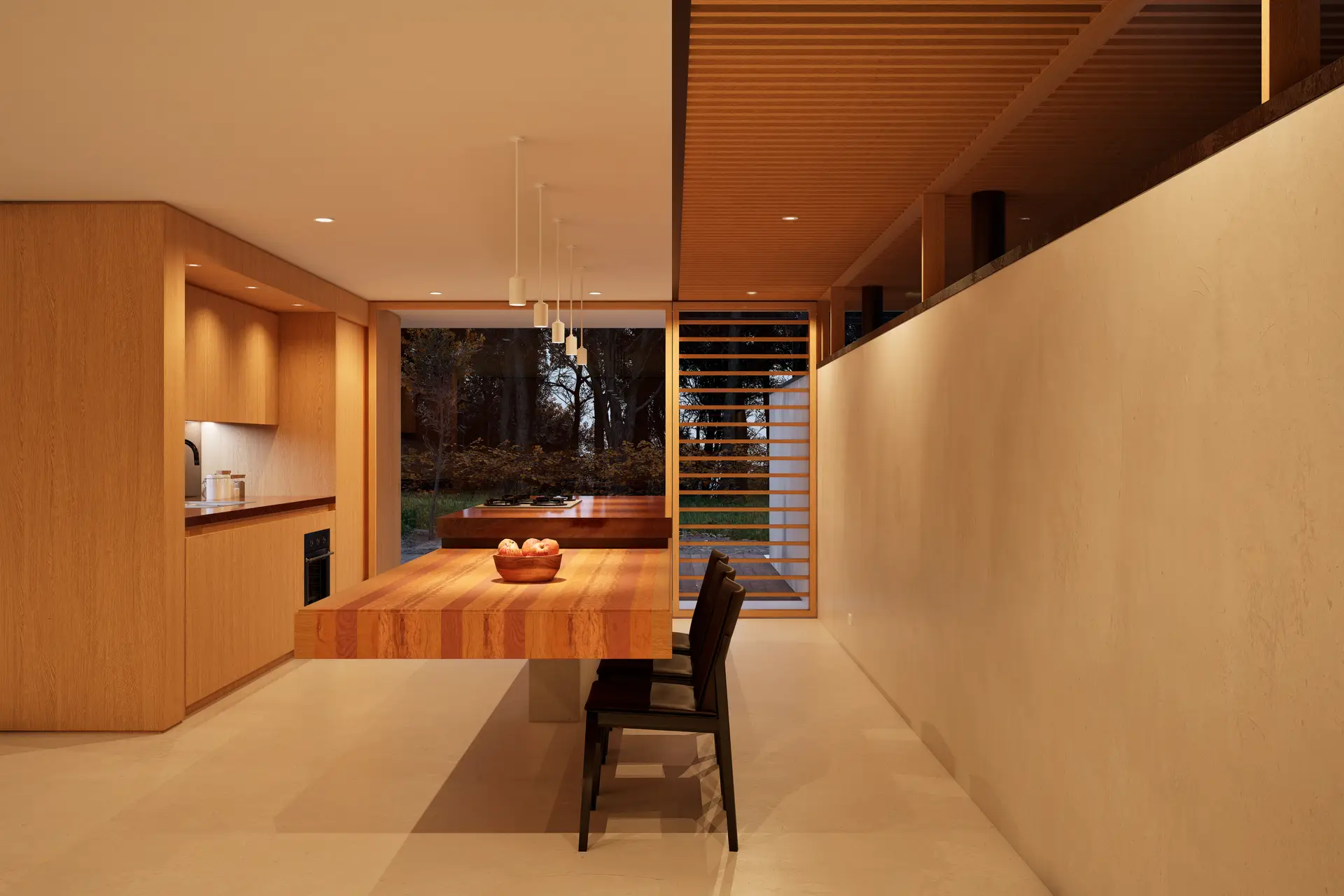 Minimalist dining area with warm wood tones