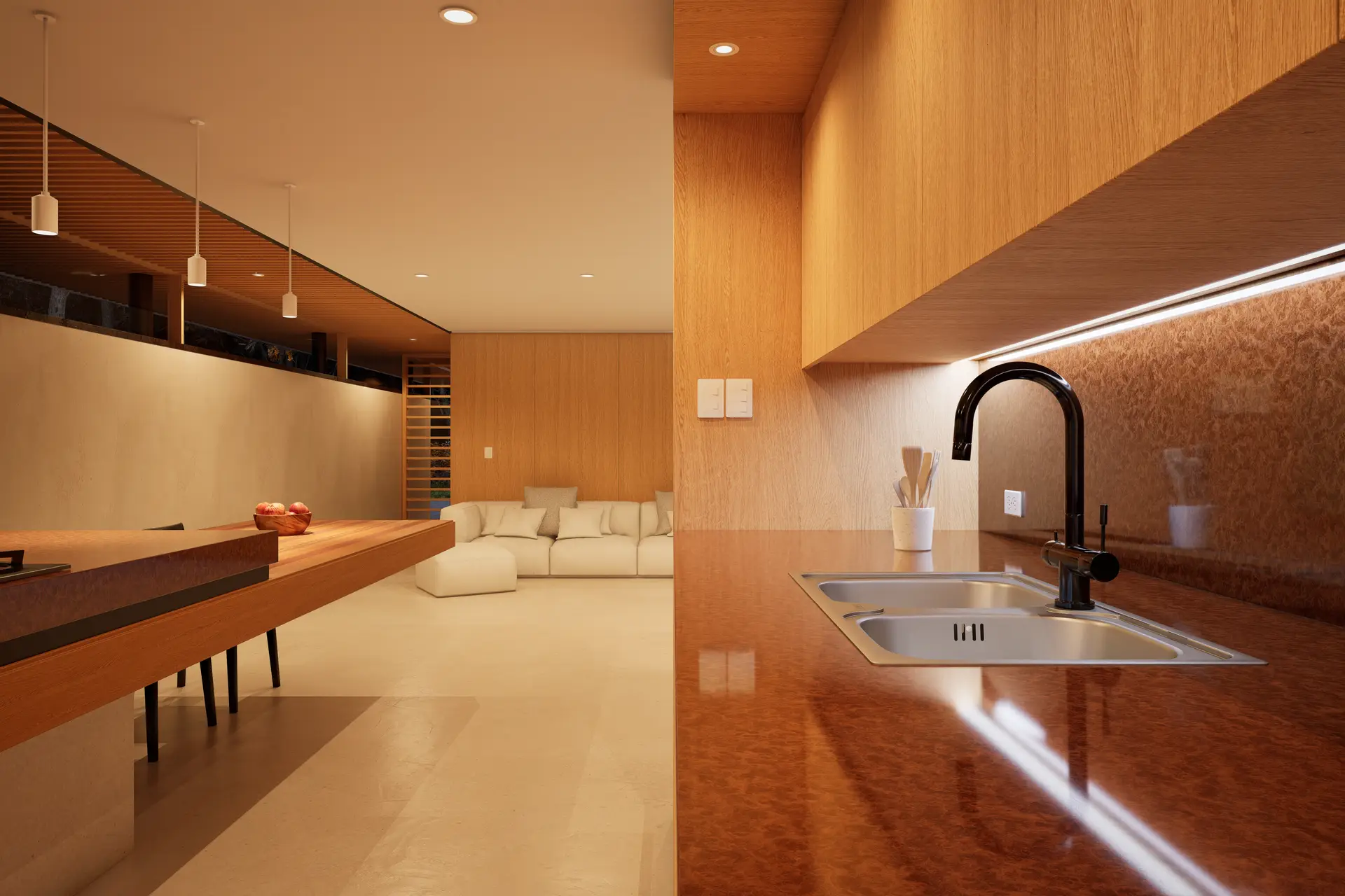 Cedar Ridge House interior with warm timber finishes