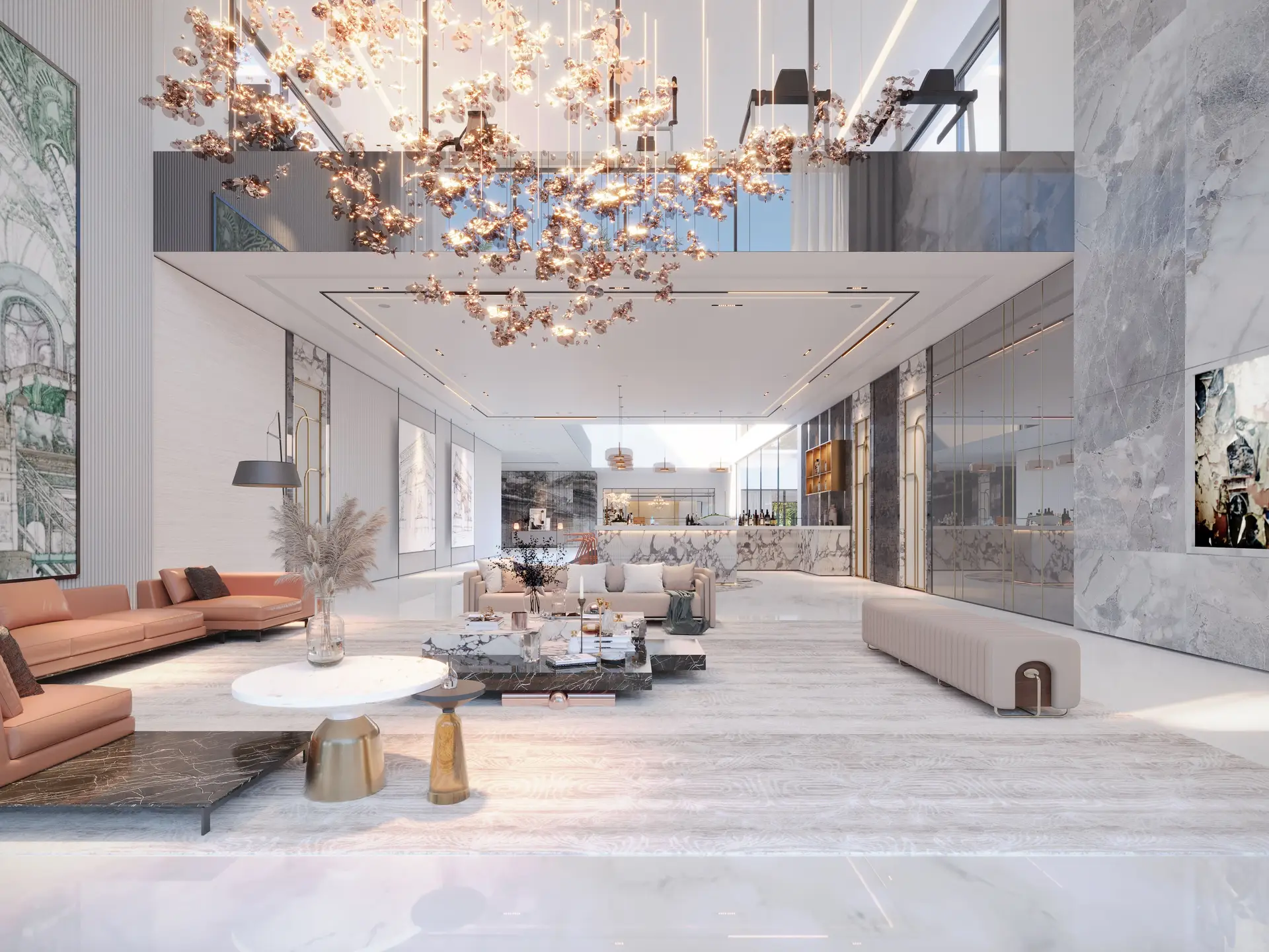 Luxurious living space with chandelier