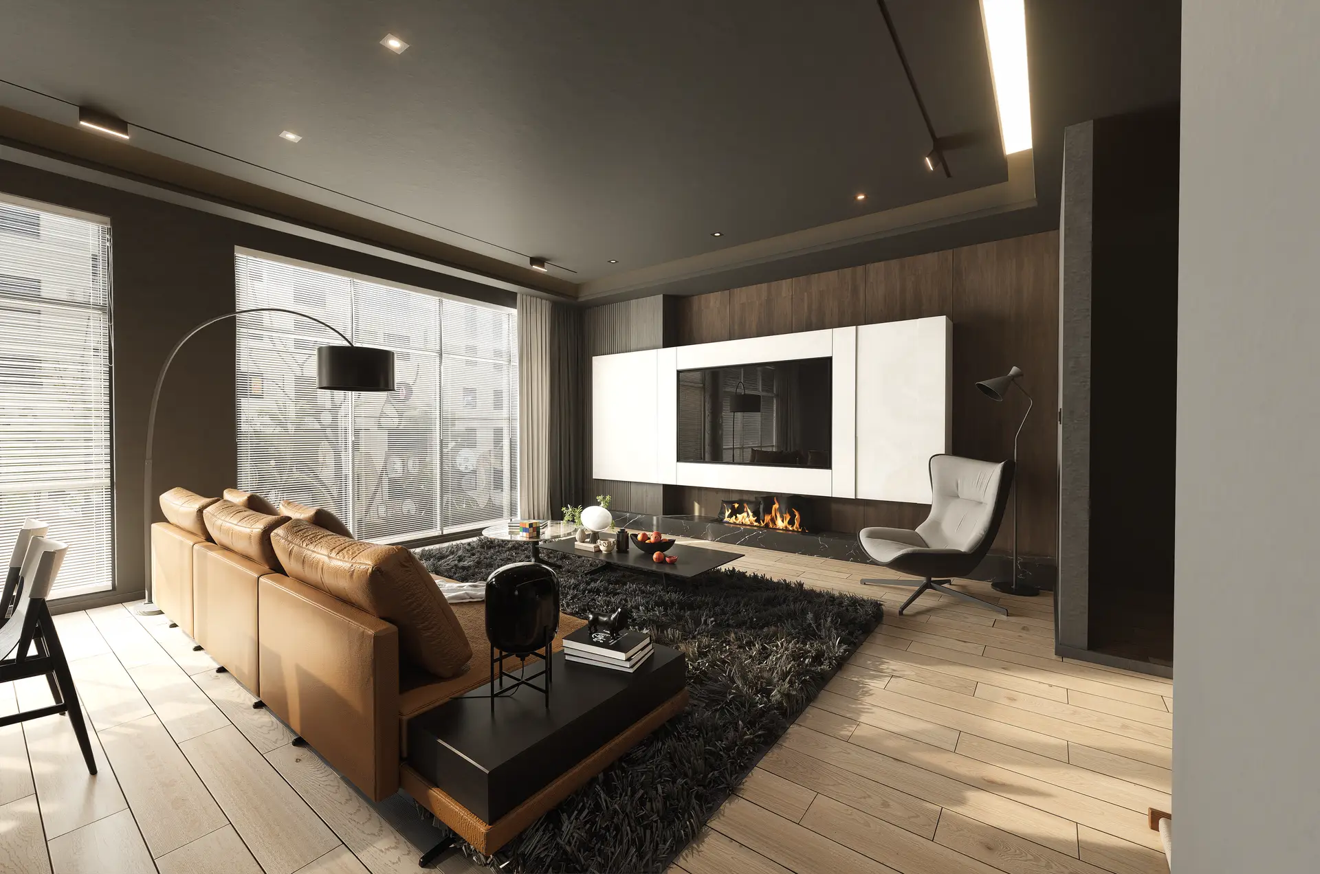 Modern living room with fireplace
